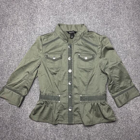 White House Black Market WHBM Khaki Green Button Up Stretch Fit Jacket Size 0 - Picture 4 of 8